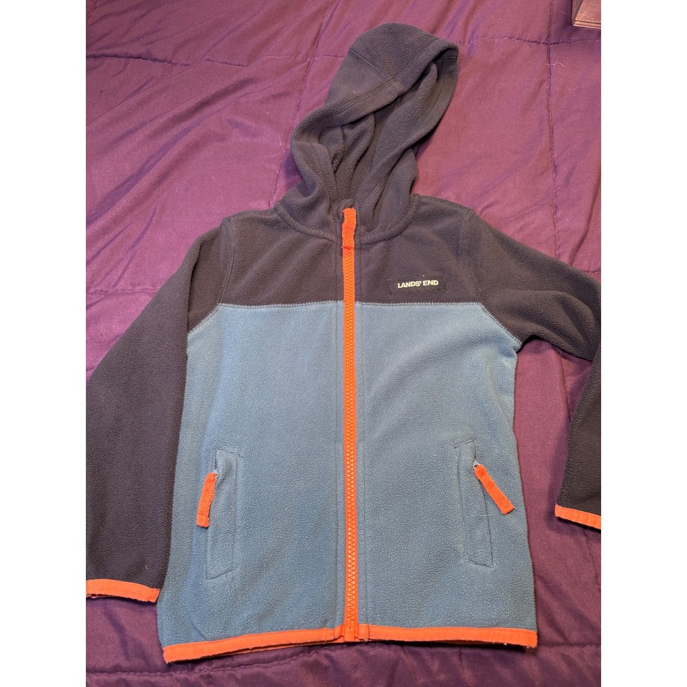 Lands End Kids Full Zip Fleece Hoodie Blue Colorblock Orange Trim 3T